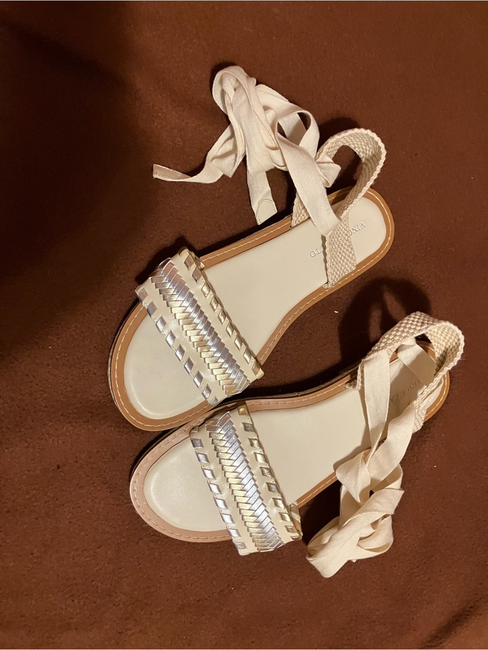 Vince Camuto Cream Braided Ankle-Tie Sandals with Metallic Accent